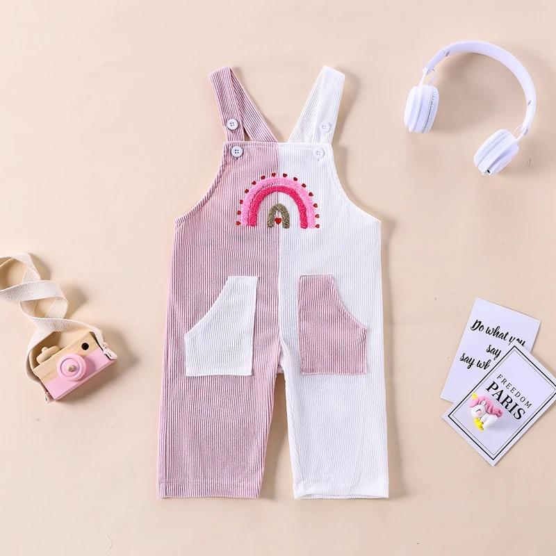 

Suefunskry Baby Girls Overalls, Contrast Color Embroidery Rainbow Square Neck Sleeveless Jumpsuit with Pockets for Casual Daily
