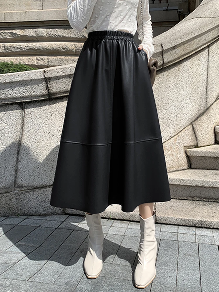 Gonna in Pelle PU a Vita Alta da Donna, Nuova Collezione Autunnale, Gonna Midi Pendente Snellente, Gonna a Linea A Elegante per il Lavoro