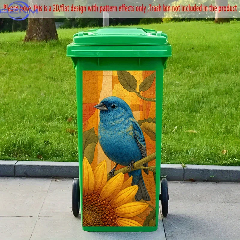 [2D Flat Printing] 1pc 2D Pattern Printed Kitchen Trash Can Sticker,  Bluebird Perching on Sunflower Theme Kitchen Home Decor