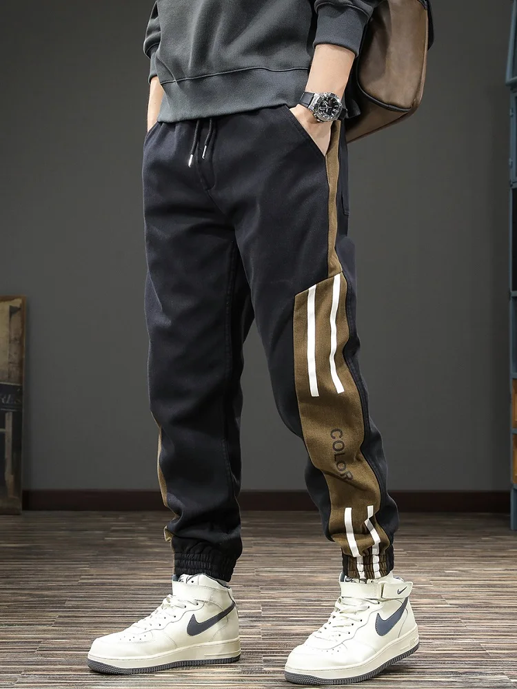 

Men's Side Stripe Black Cotton Sport Pants Casual Baggy Pencil Pants Fashion Patchwork Elastic Waist Drawstring Jogging Trousers