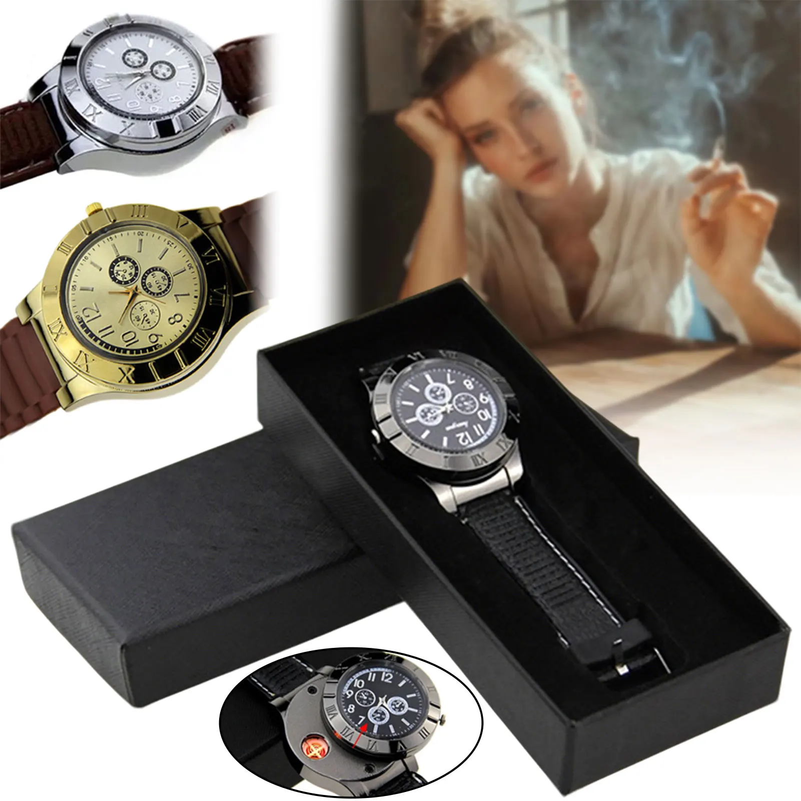 

Mens Novelty Cigarettes Lighter Watch USB Charging Cool Lighters Male Watch Flameless Windproof Cigars Lighters