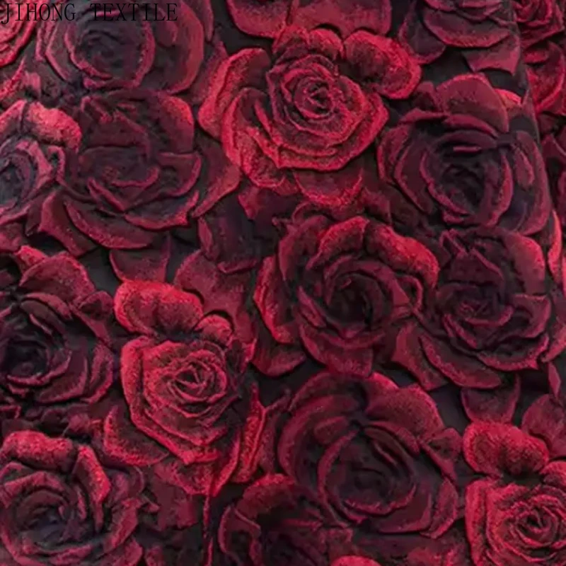 Tela Jacquard con Relieve de Rosas 3D de 45x150cm, Tela Jacquard Teñida con Hilo Negro, para Vestidos, Bolsos y Costura DIY