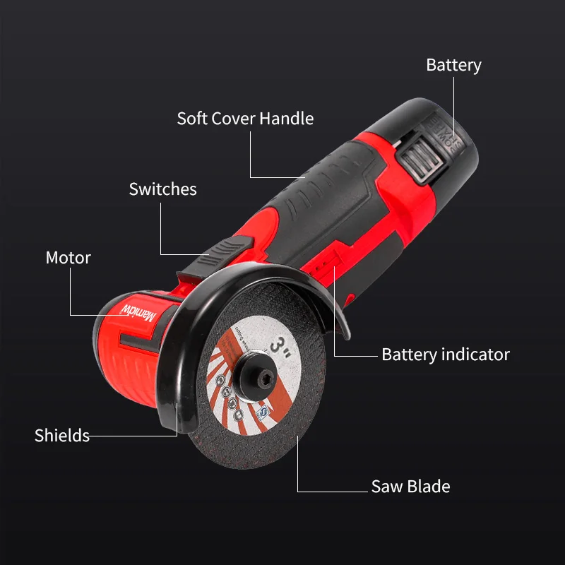 Mamidw Bezkartáčová elektrická úhlová bruska Elektrická bruska a řezačka Dobíjecí leštička pro Milwaukee 12V baterie - náhled 6
