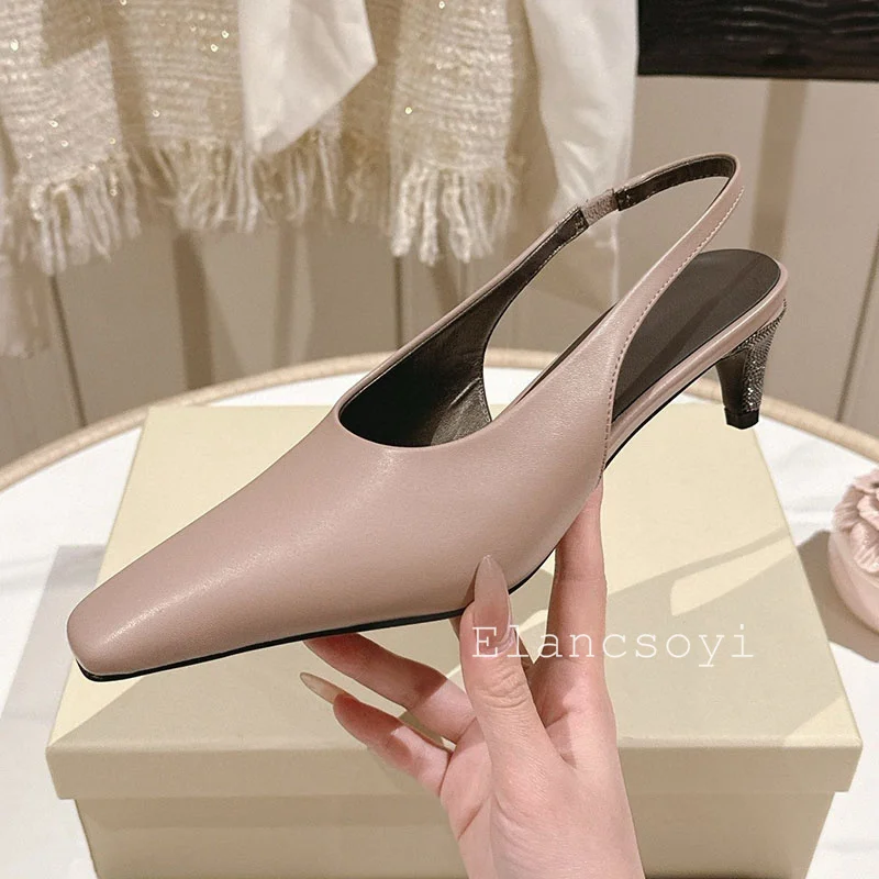 Summer 2026 new pointed leather backless fashionable low heel sandals casual and comfortable solid color office commuting shoes