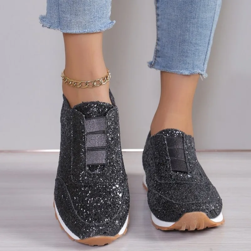 2024 Autumn New Fashion Slip-on Low-heeled Women\'s Sneakers Gold Silver Trend Sport Shoes Ladies Outdoor Casual Walking Shoes