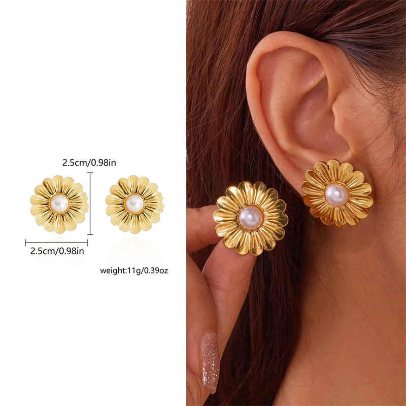 أقراط مرصعة على شكل زهرة البتلة للنساء ، فولاذ مقاوم للصدأ 316L ، مجوهرات راقية ، طراز فرنسي قديم ، لؤلؤ مُضَمِّل ، موضة جديدة ، #2