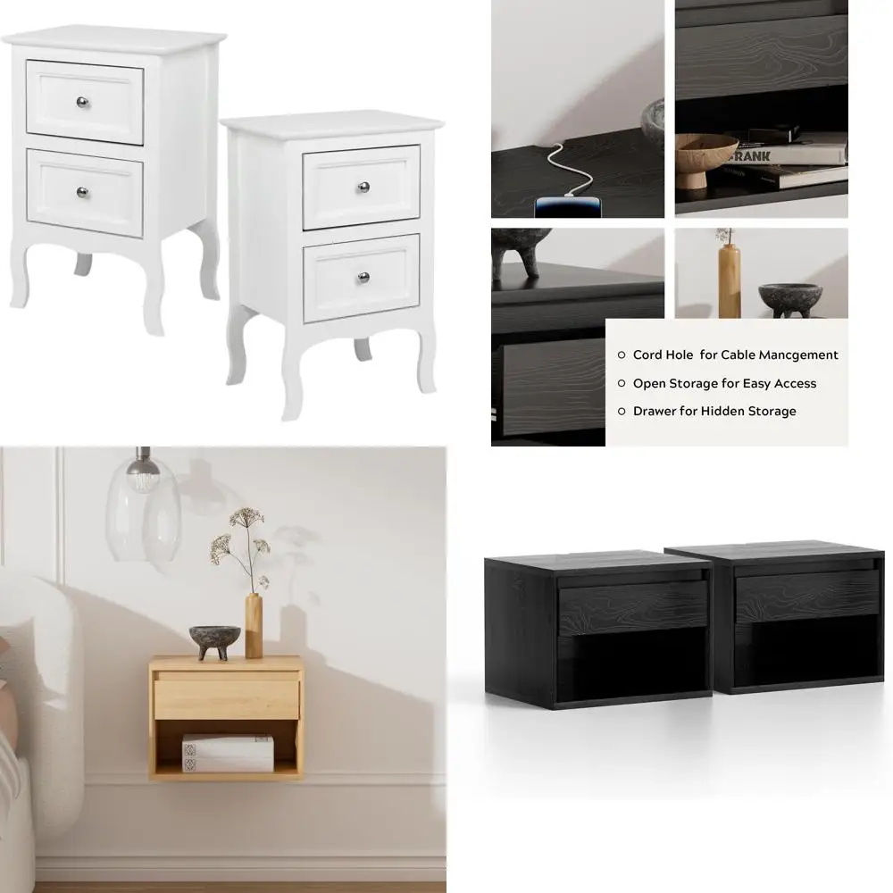 

Farmhouse Style 2-Piece Nightstand Set - Small Bedside Tables with Drawers for End Side Use