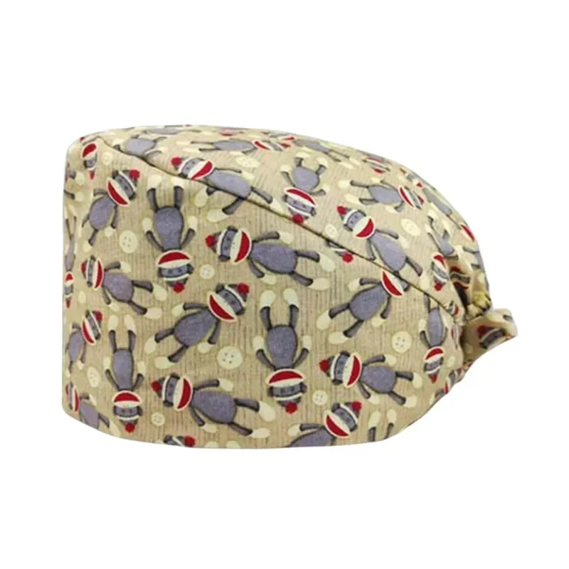 Doctor Operating Room Pattern Printed with Buttons Nursing Head Cap Lab Scrub Pet Hospital Surgical Hat Unisex Dentist Scrub Cap