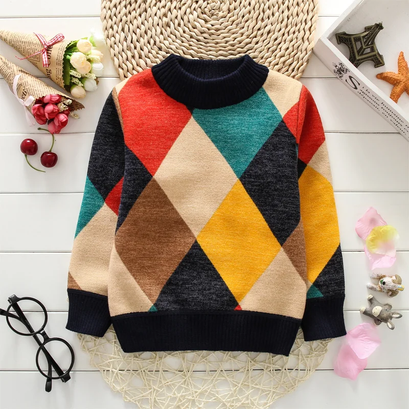 

Boy Sweater Baby Striped Plaid Sweater Knitted Children's Clothing Autumn And Winter Thickening Plus Velvet Warm Boy Sweater New