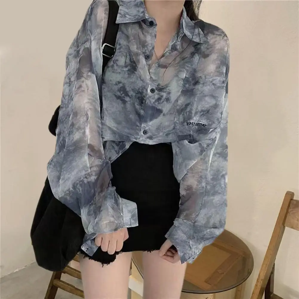 Lightweight Summer Jacket Tie-dye Print Chiffon Shirt Coat Stylish Long Sleeve Sun Protection Top for Women Loose Fit Single