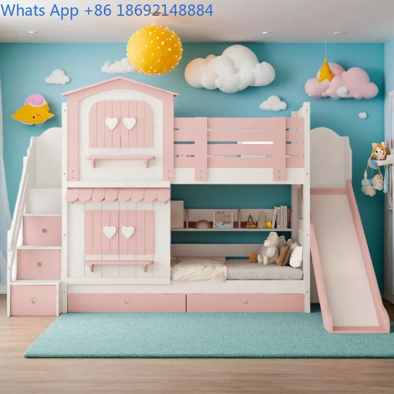 Girls' Double Layer Bed Pink Princess Style Castle Bed with Slide Multi-Functional Bunk Bed