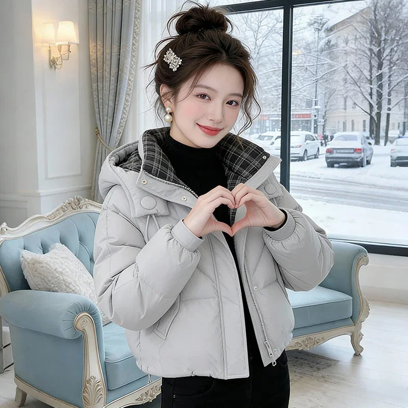 Cropped Puffer Jacket Women Hooded Plaid Lining Padded Winter Coat Zip‑Up Loose Warm Short Parka Casual Daily Female Outerwear