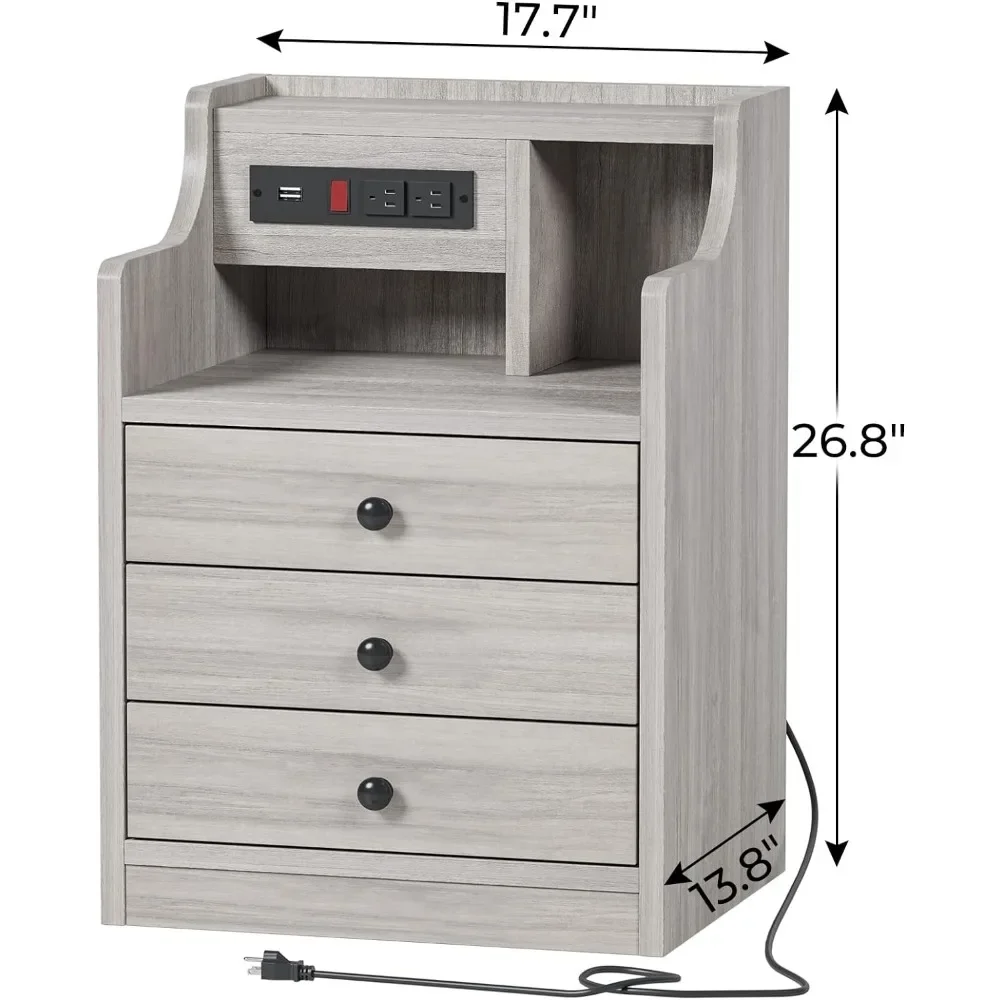 Nightstand Set 2,Gray Nightstand with Charging Station & Hutch,Night Stands for Bedrooms Set of 2,Bedside Table