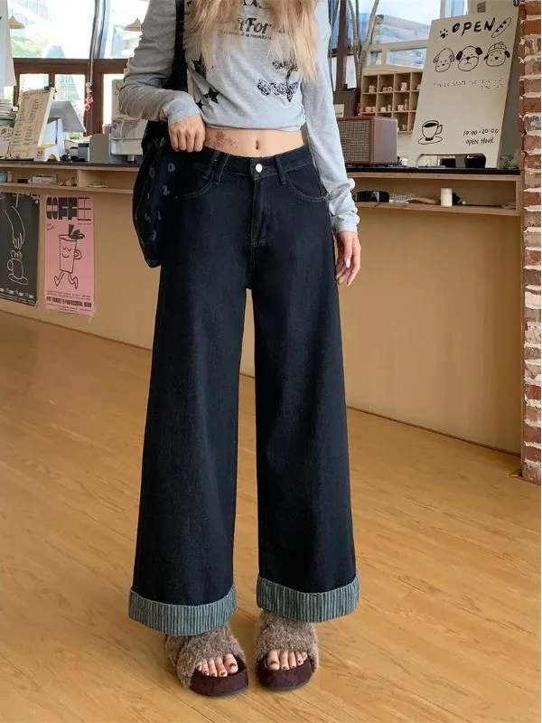 

High Waist Wide Leg Jeans plus Size Patchwork Straight Cut Retro Loose Fit Casual Denim Pants for plus Size Women