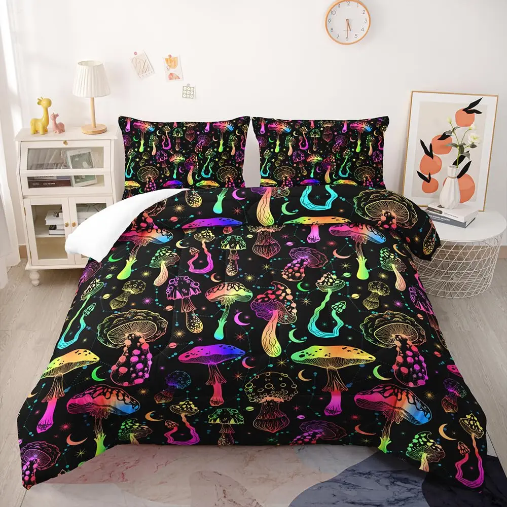 Red Mushroom Kawaii Comforter Set Twin Size Kids Bedding Set Botanical Plant Theme Print Quilt Bed Set for Boys Girls Adults