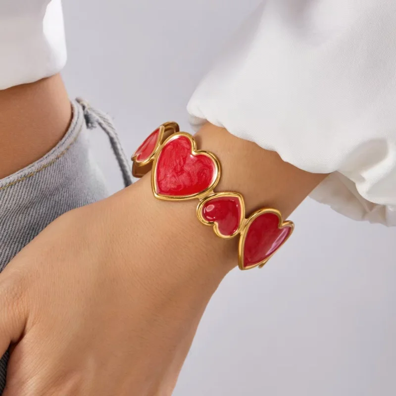 

Fashionable Heart Patchwork Drip Oil Metal Bracelet Elegant Ladies Daily Party Accessory Unique Jewelry