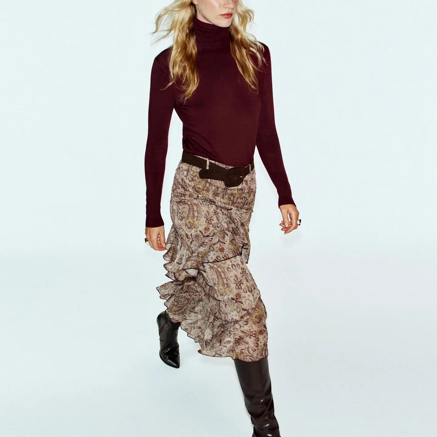Fashionable Women's Midi Skirt with Belted Layered Decorative Print 2026 Autumn New Arrival Standard Fit Ladies Skirt