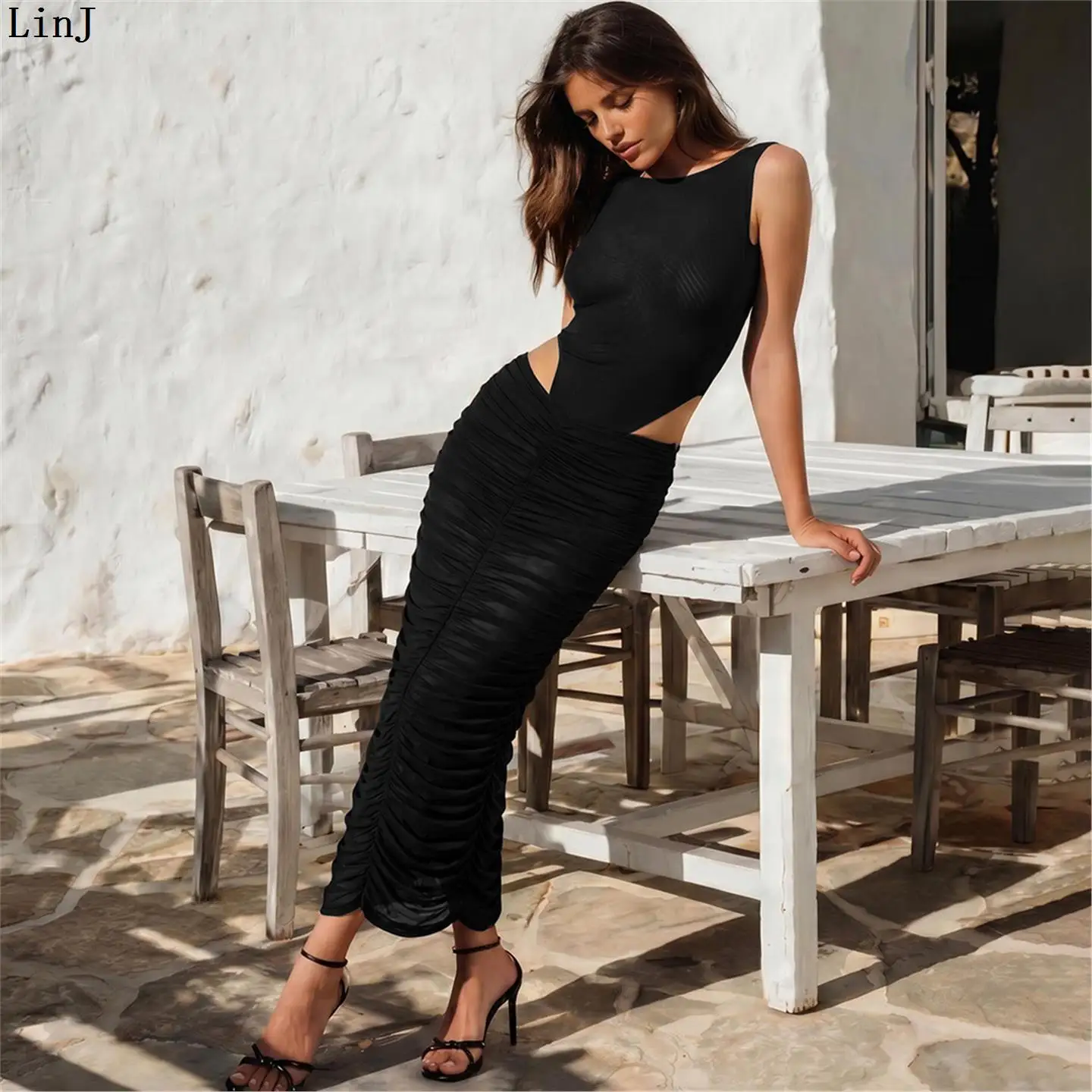 LinJ2026 Women's Holiday Mesh Paneling Bared Waist Fake Two-Piece Dress Pleated Bodycon Sexy Long Dress European Style High W...