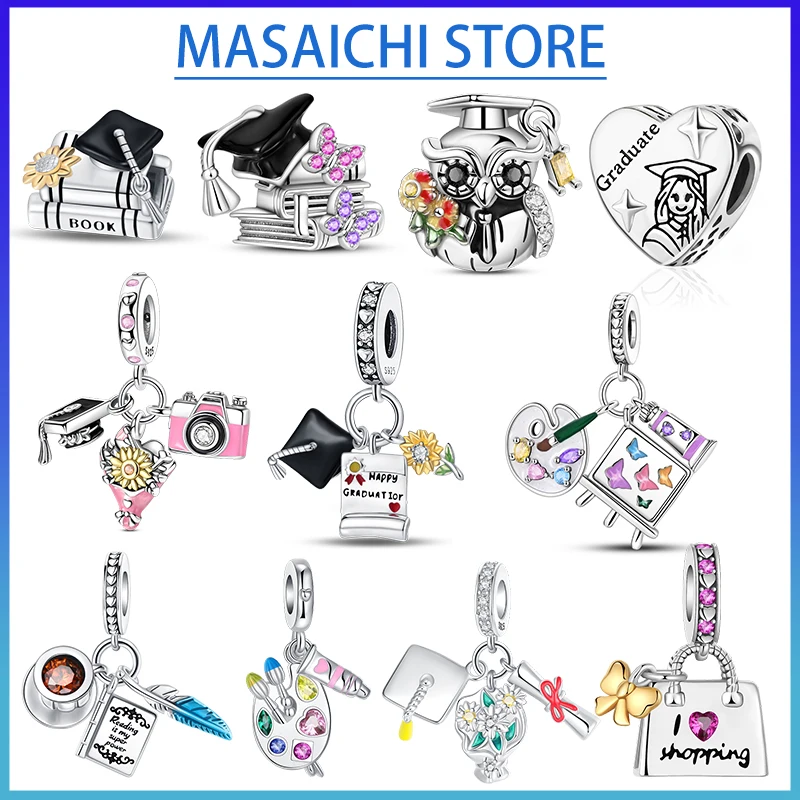 

925 Charm Silver Graduation Season Owl Charm Suitable for 925 Sterling Silver Original Womens Bracelet Keychain DIY Jewelry Gift