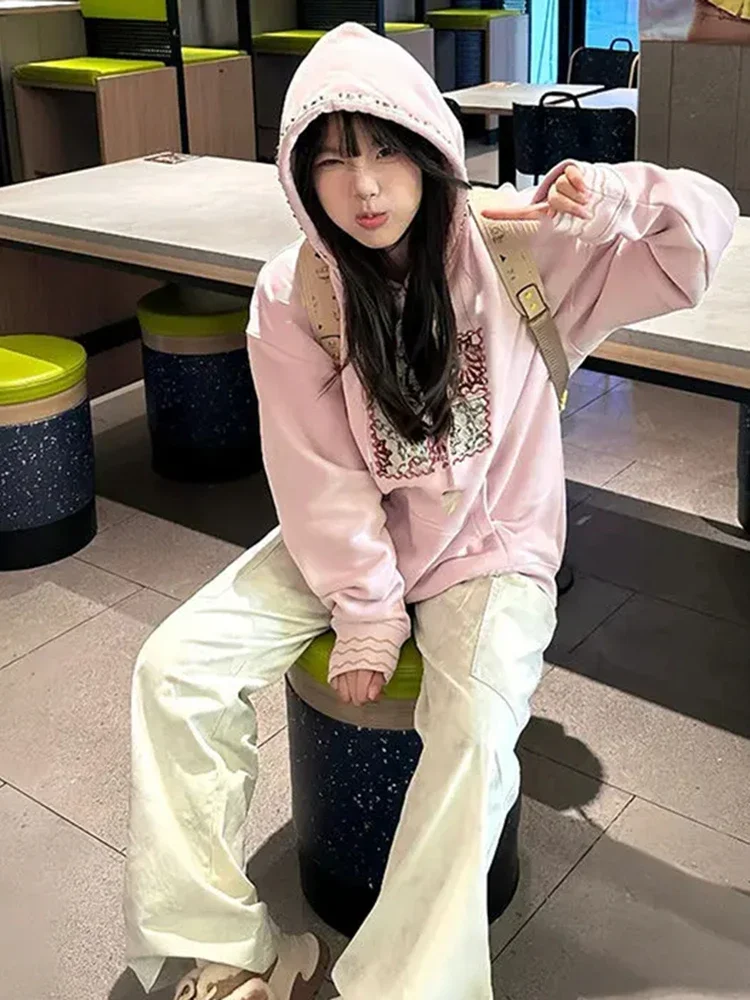 Y2k – sweat-shirt à capuche avec cordon de serrage brodé rose pour femme, Vintage, Streetwear, ample, Harajuku, vestes Grunge décontractées, 2025