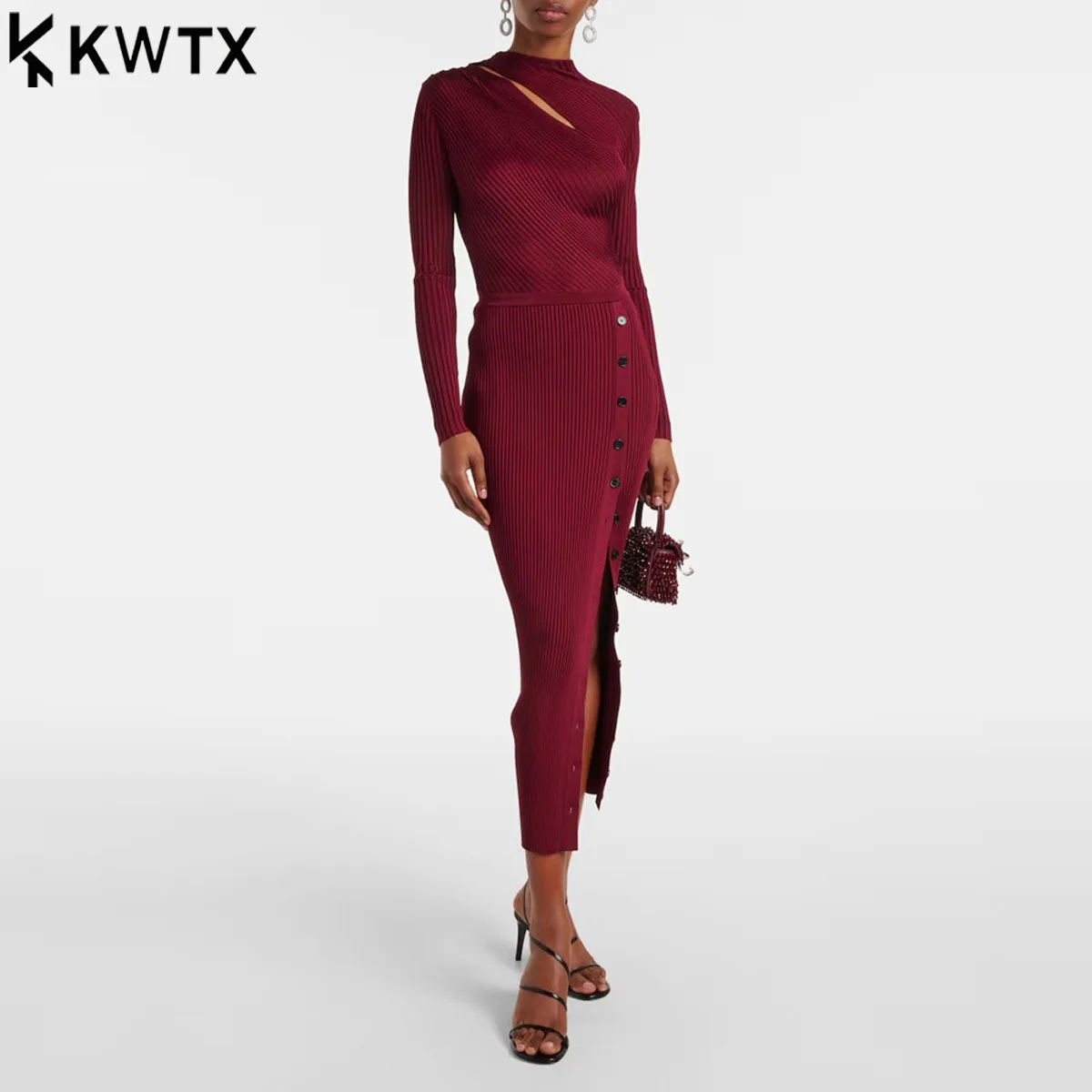 KWTX Solide Gespleißt Ausschnitt Stricken Midi Kleider für Frauen Rundhals Langarm Hohe Taille Abnehmen Temperament Kleid Weibliche