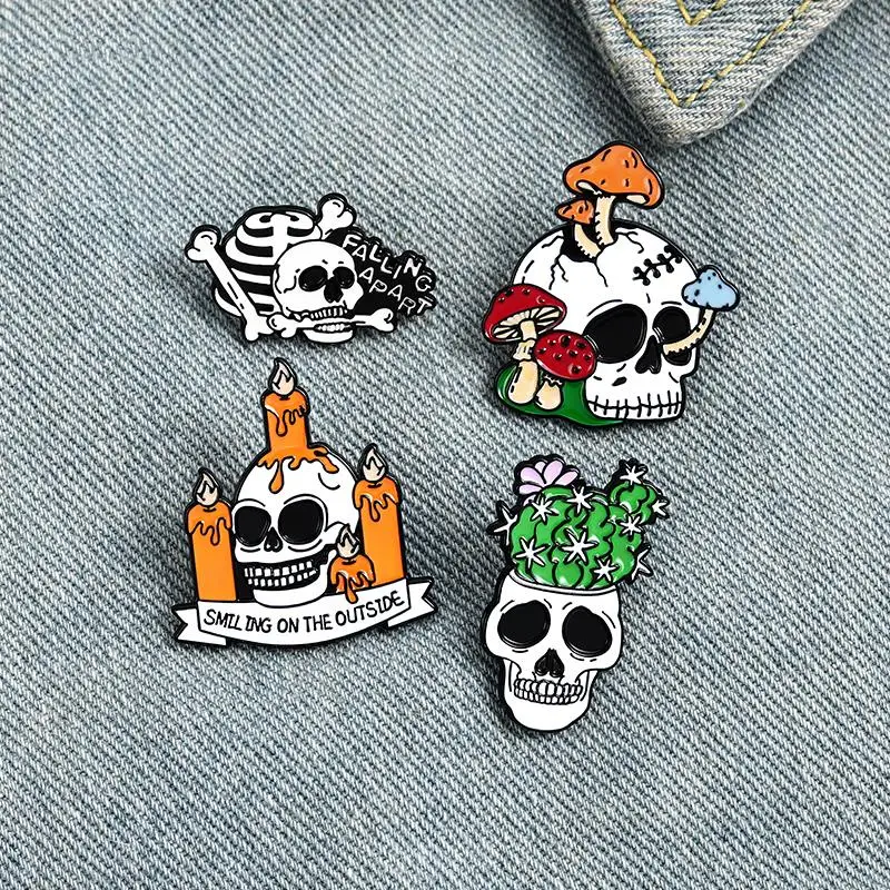 Dead Lonely Skeleton Enamel Pin Custom Cactus Mushroom Candles Brooches Bag Lapel Pin Punk Dark Gothic Badge Jewelry for Friends
