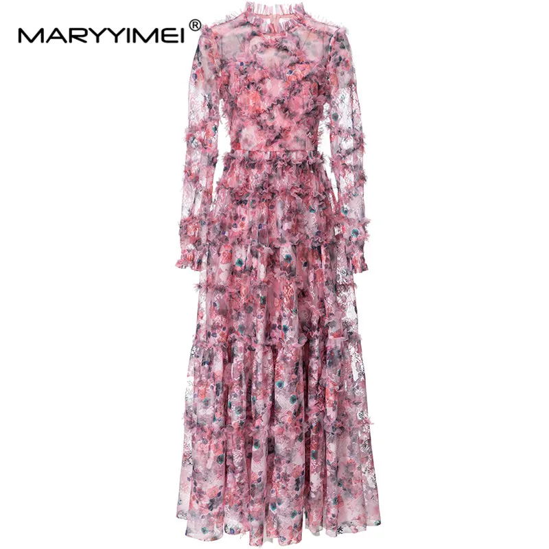 MARYYIMEI New Fashion Autumn Designer Dress Women's Round Collar Flower Print Mesh Fungus Selvedge Pleated Slim Dresses