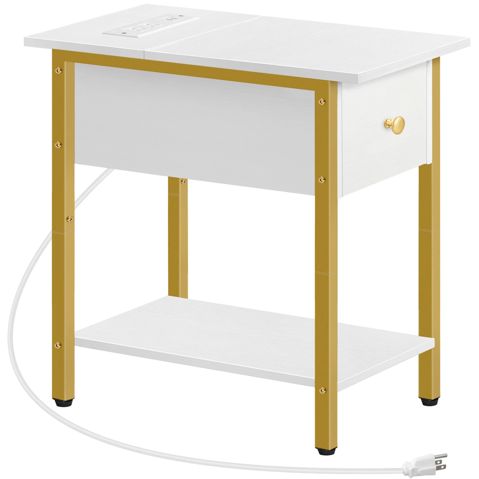 HOOBRO Side Table with Charging Station Narrow End Table Bedside Table Sofa Side Table with Drawer 2-Tier Coffee Table Bedroom