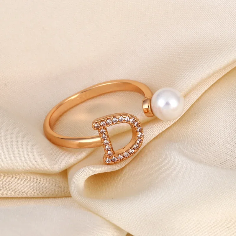 

Letter Ring - Pearl Accent Minimalist Jewelry, Adjustable Open Band, Elegant Gift for Women, Trendy Stackable Ring