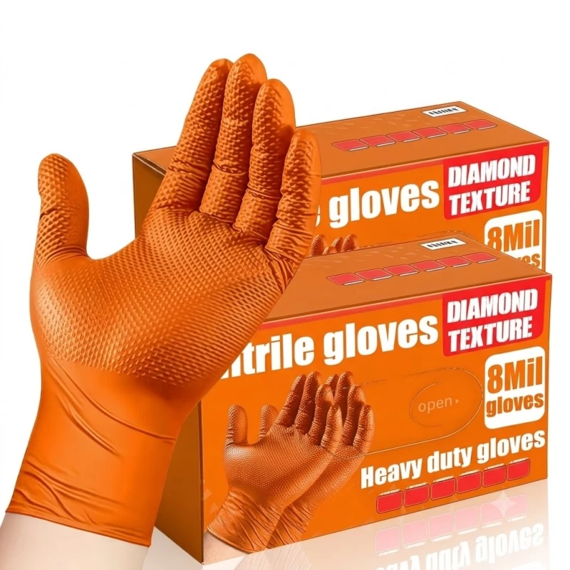 Heavy Duty Orange Nitrile Gloves 8Mil Industrial Disposable Gloves with Diamond Textured Grip for Mechanic Safety & Work Gloves
