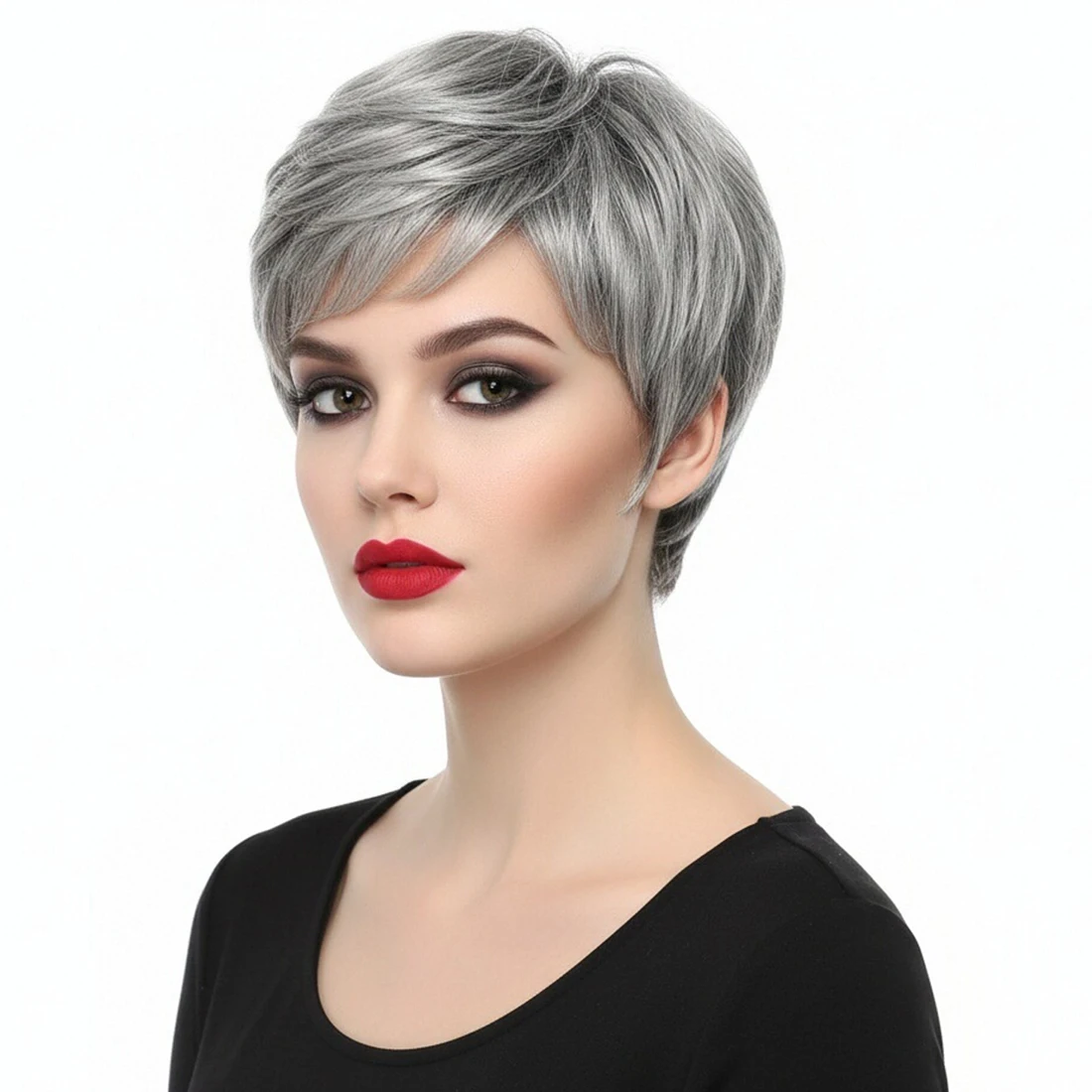 

Synthetic Short Pixie Cut Mixed Gray Wigs Curly Layered Wig with Fluffy Bangs for Women Daily Wear Heat Resistant Fake Hair