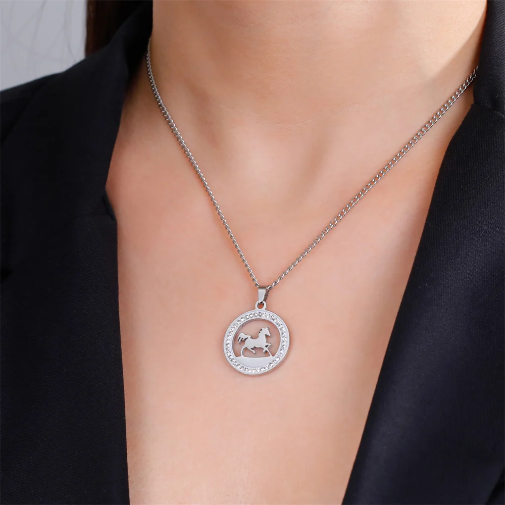 My Shape Running Horse Pendants Necklace Stainless Steel Rhinestone Pendant Necklaces Choker Chain Horse Lover Christmas Jewelry