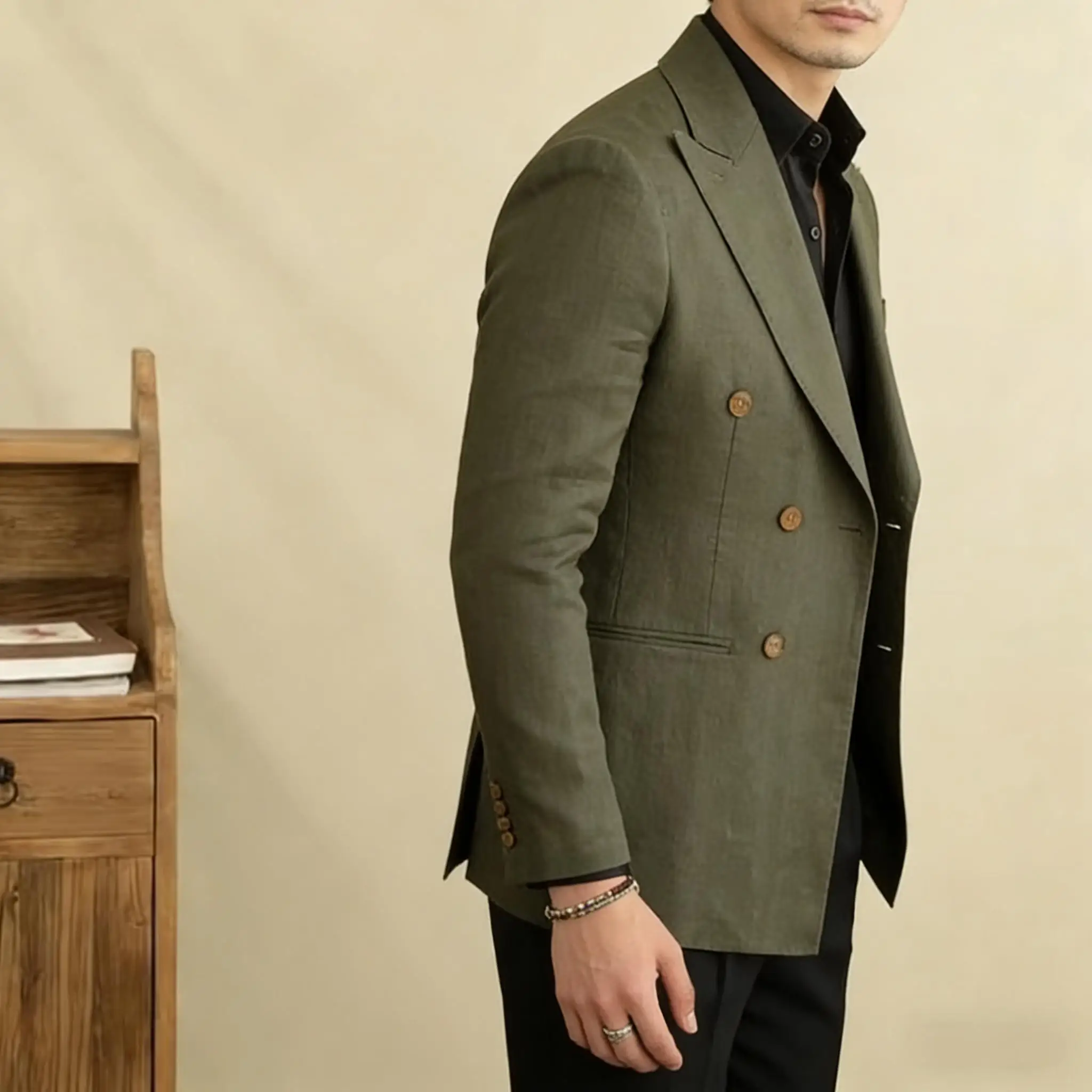Vintage Men's Linen Blazer Double Breasted Peak Lapel Slim Fit Jacket Breathable Soft Wrinkle Free Business Casual Men Suit Coat image 5