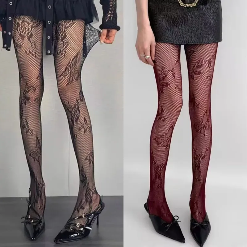 2 Pieces Harajuku Hollowed Out Lace Mesh Pantyhose Floral Butterfly Bottomed Stockings Sexy Women Fishnet Tights Fashion Hosiery