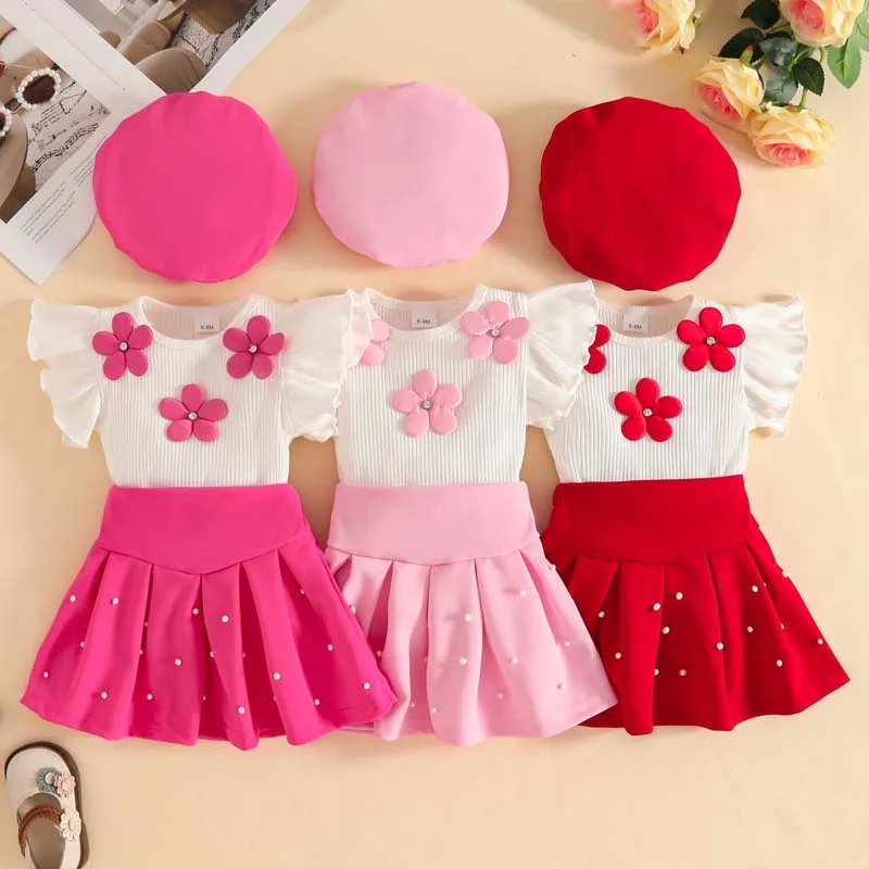 Abbigliamento per Bambine 1-3 Anni, Set Estivo alla Moda con Top a Maniche Svasate, Gonna e Cappello, Completo 3 Pezzi per Bambina