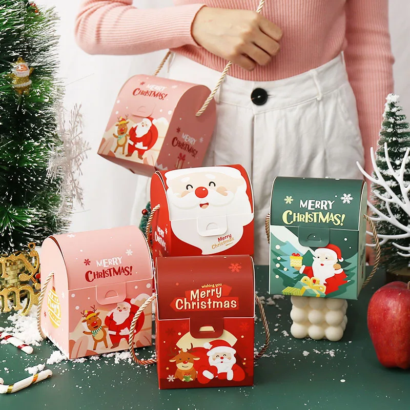 

10 20 50 PCS Christmas Apple Paper Box Portable Handle Gift Packaging Navidad Candy Fruit Santa Pastry Decoration Wholesale