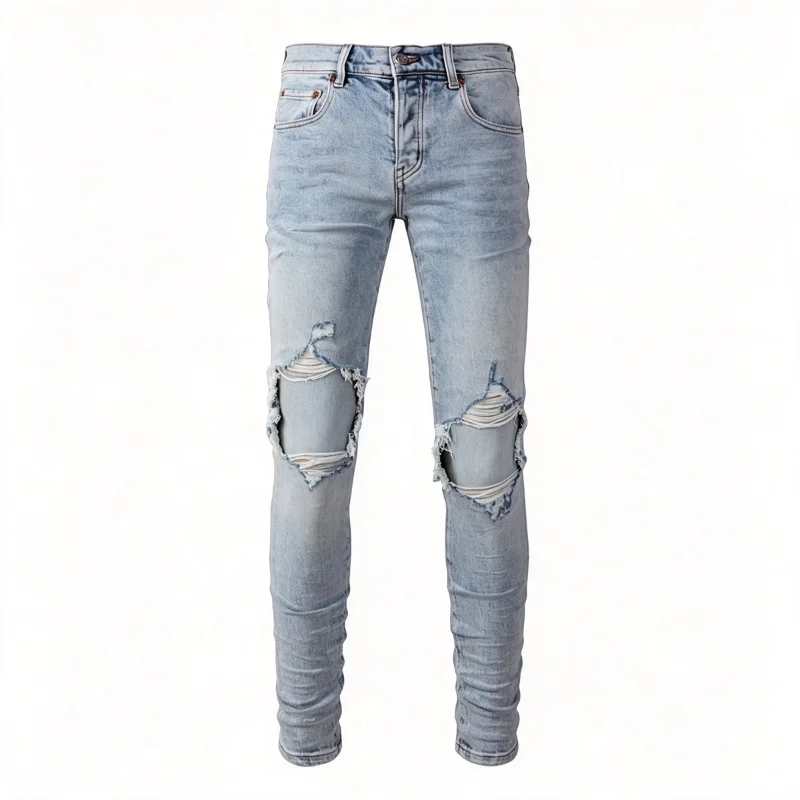 Men's Large Knee Ripped Slim Tapered Jeans Vintage Light Blue Wash Frayed Edges Button Fly High Street Style
