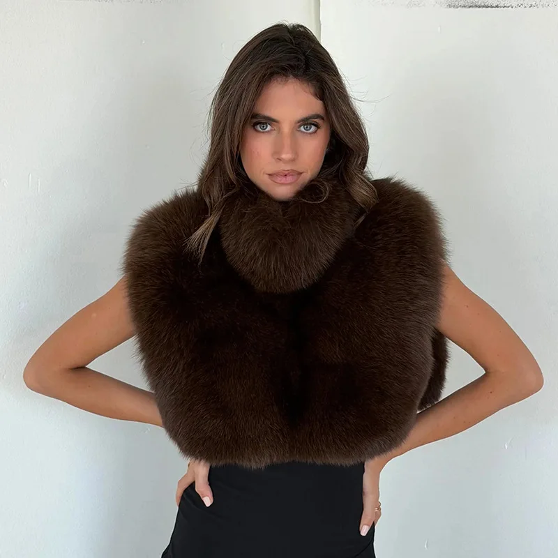 

CUtenew Turtleneck Furry Tank Tops Women Trend Sexy Side Split Chic Fall Trend Midnight Basic Street Furs Hipster Clubwear Vest