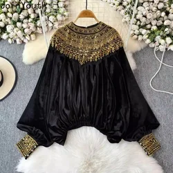 Vintage Blouses Women's Clothing Sequin Velvet Shirts 2024 Blusas De Mujer Temperament Lady Tops Loose Fashion Korean Blouse