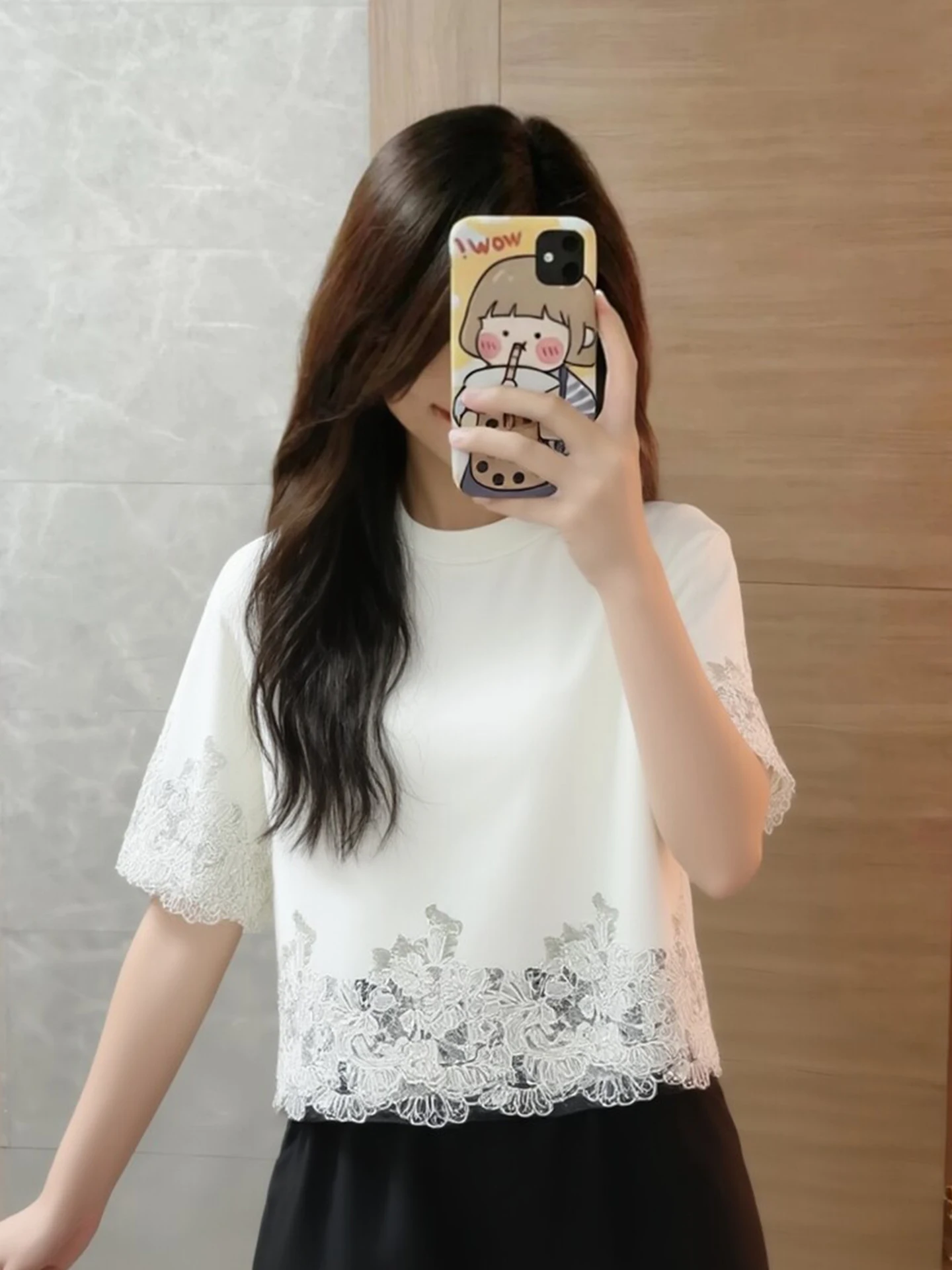 

Lace Patchwork Design Short Sleeve T-Shirt round Neck Comfortable Versatile Spring Casual Style Elegant Anti-Aging Top