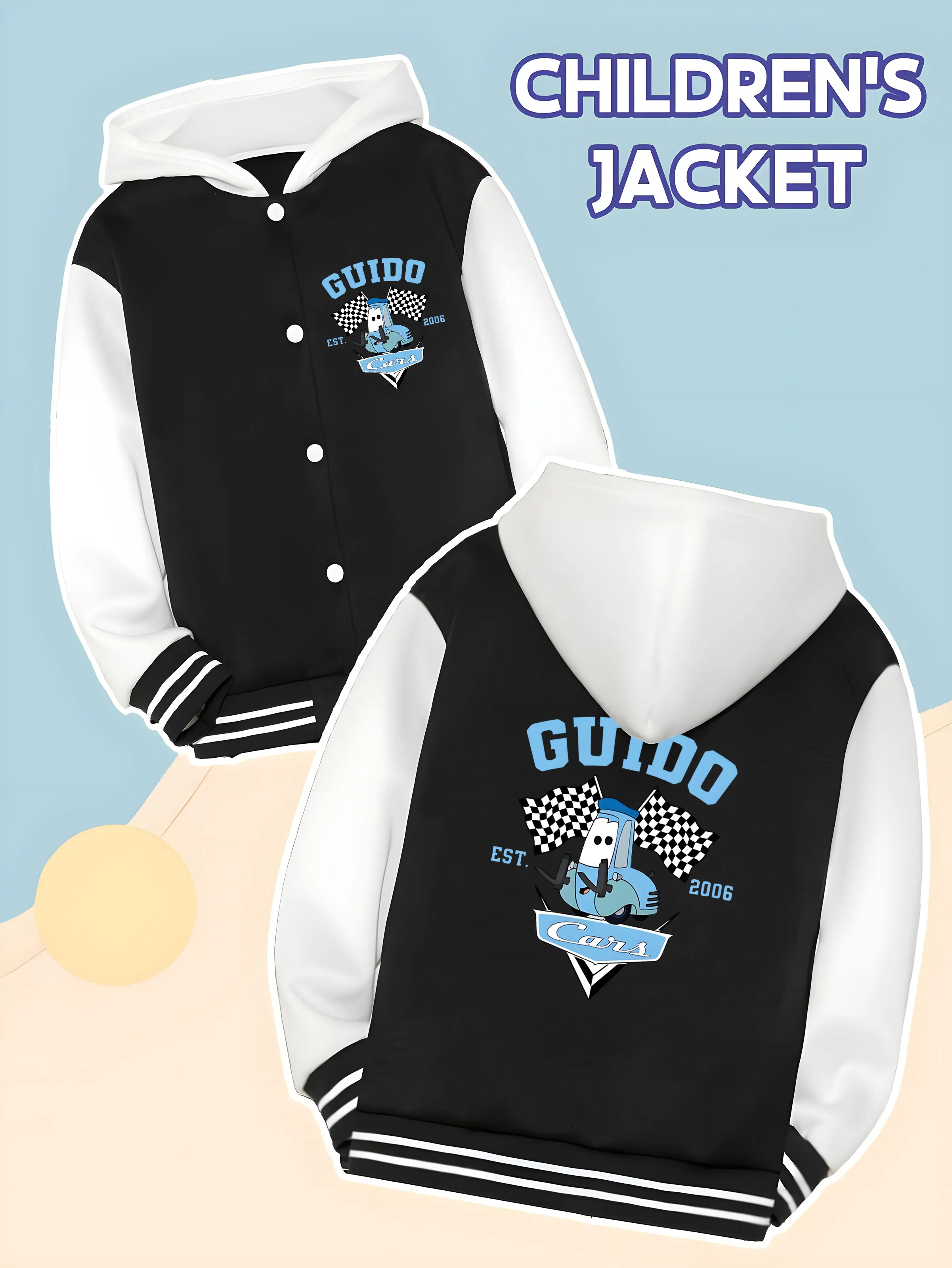 

MINISO Disney Cars: Guido themed children's baseball jacket - Guido racing print, boys wear for school and racing events