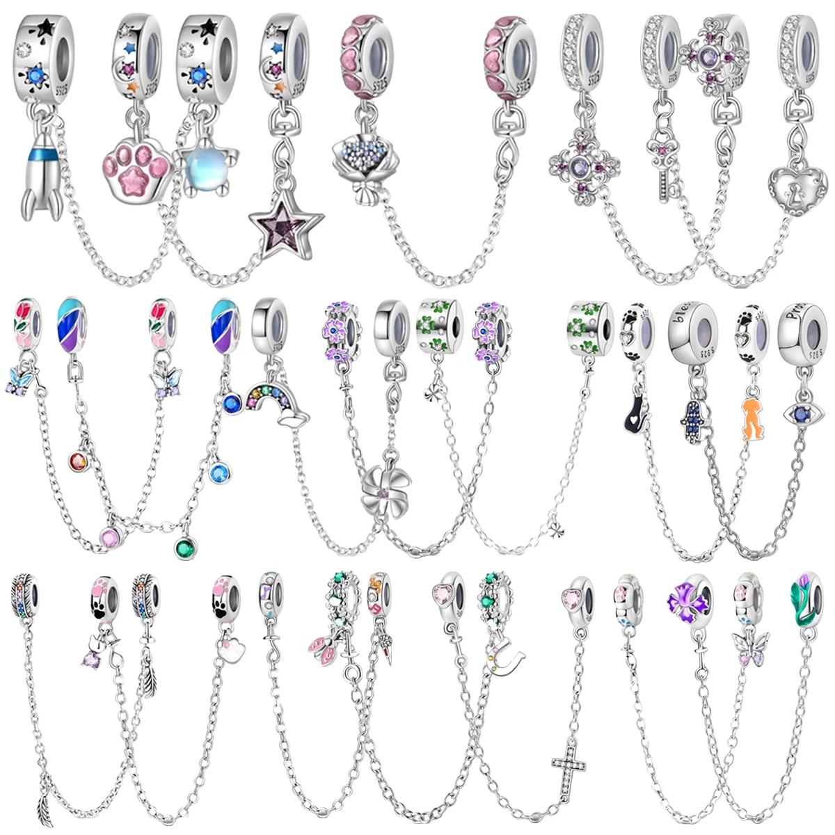 

Original 925 Sterling Silver Safety Chains Spacer Beads Butterfly Cat Demon Eye Rainbow Rocket Charms for Pandora Bracelet Gift