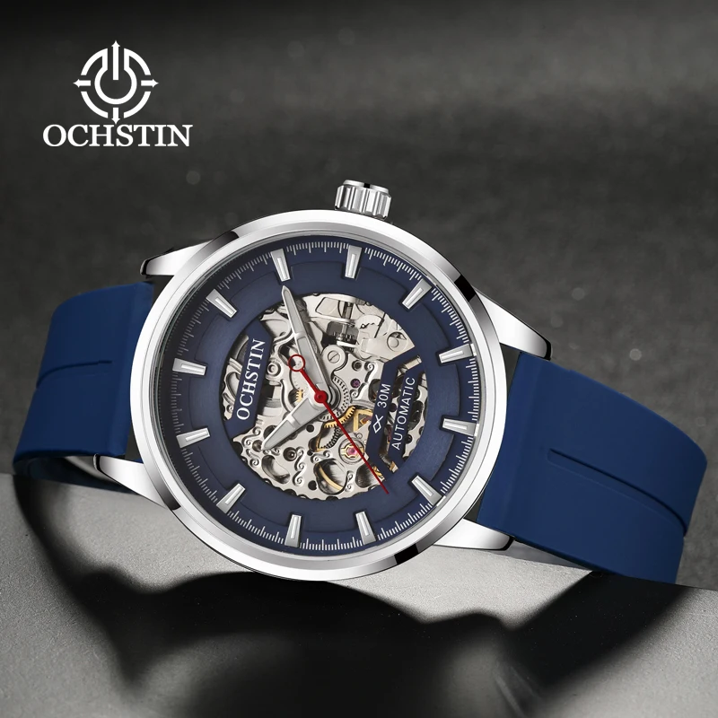 OCHSTIN Man Waterproof Classic Silicone Watch Strap Clock For Gentleman Wristwatch Men‘s Hollow Mechanical Movement Watches