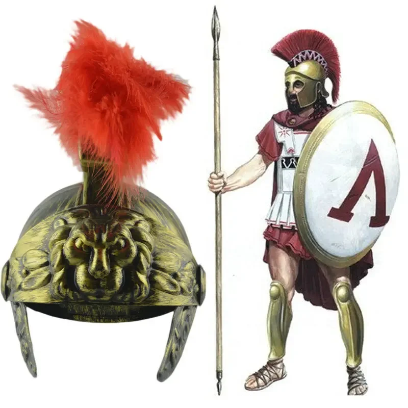 Vintage Spartan Helmet Plastic Warrior Hat Medieval Roman Lion Feathered Hat for Cosplay Halloween Party Accessory