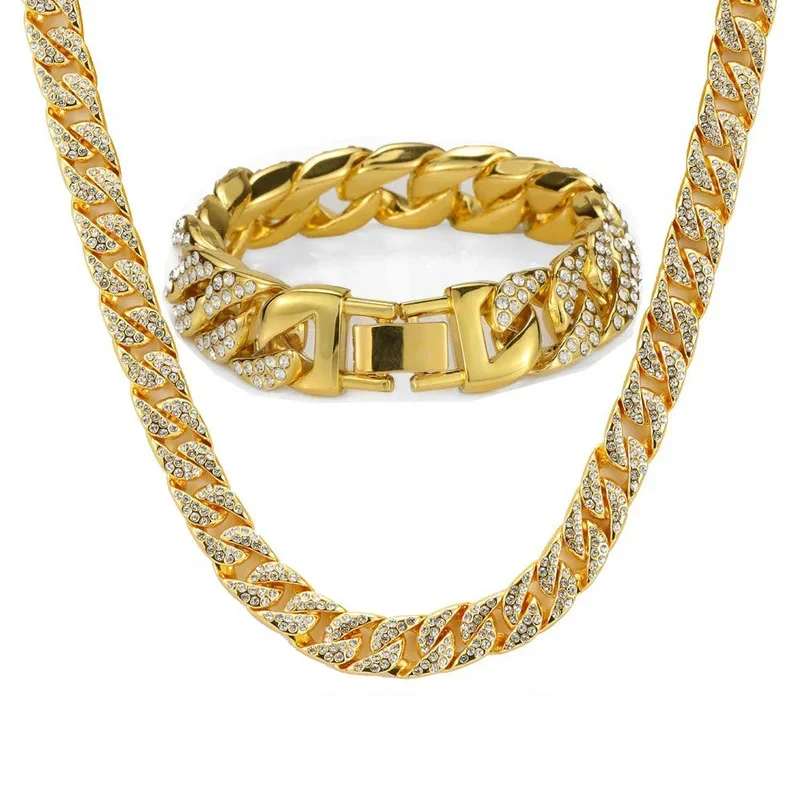 Heavy Miami Cuban Chain Full Rhinestone Bracelet Necklace Set Gold Silver 14.5mm Widen for Men's Hip Hop Iced Out Necklaces