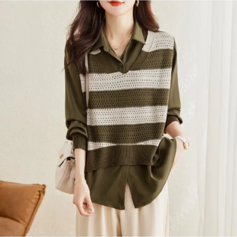 Female Clothing Commute Fake Two Pieces  Polo-Neck Knitted Sweaters Stylish Spliced Autumn Winter Korean Jumpers 2026