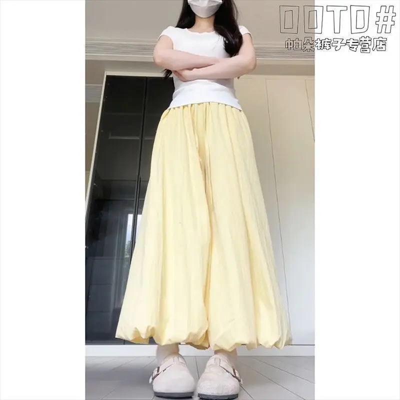 Summer 2026 New Women Clothing Simplicity Pleated Solid Color Elastic Waist Wide Leg Pants Female Casual High Waist Bloomers