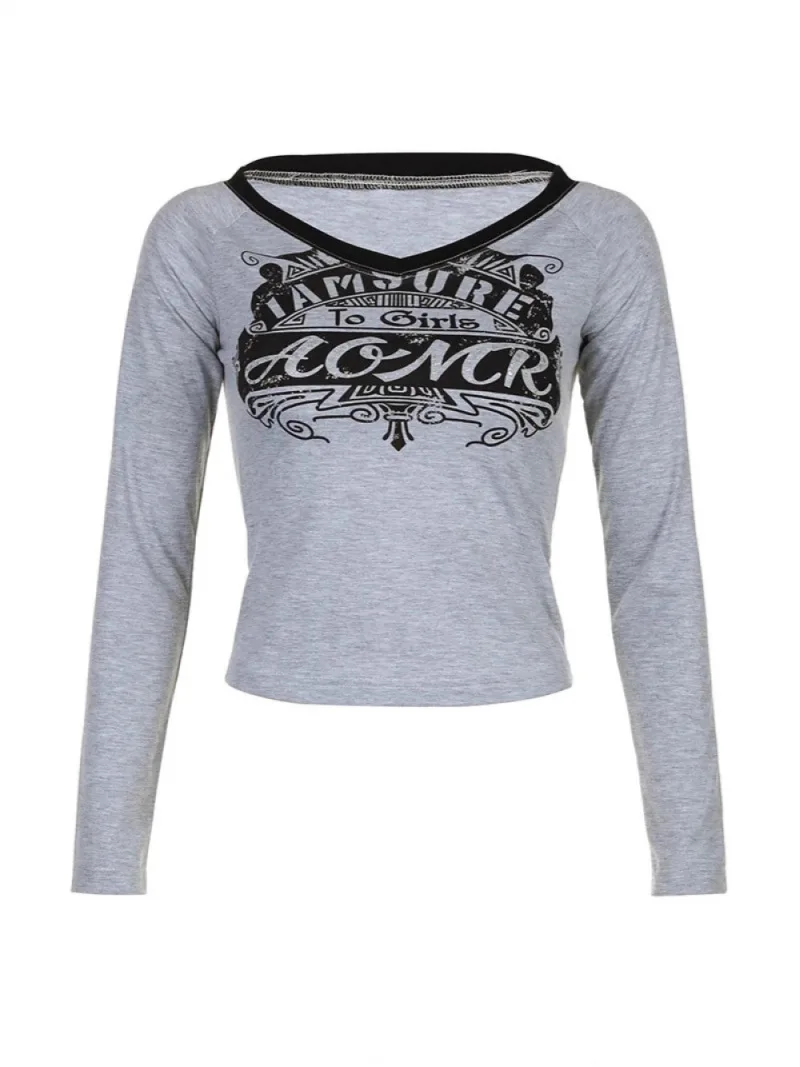 

Женская приталенная футболка в европейско-американском винтажном стиле с принтом-буквой, V-образным вырезом, серая, универсальная, с длинным рукавом, модная, с характером