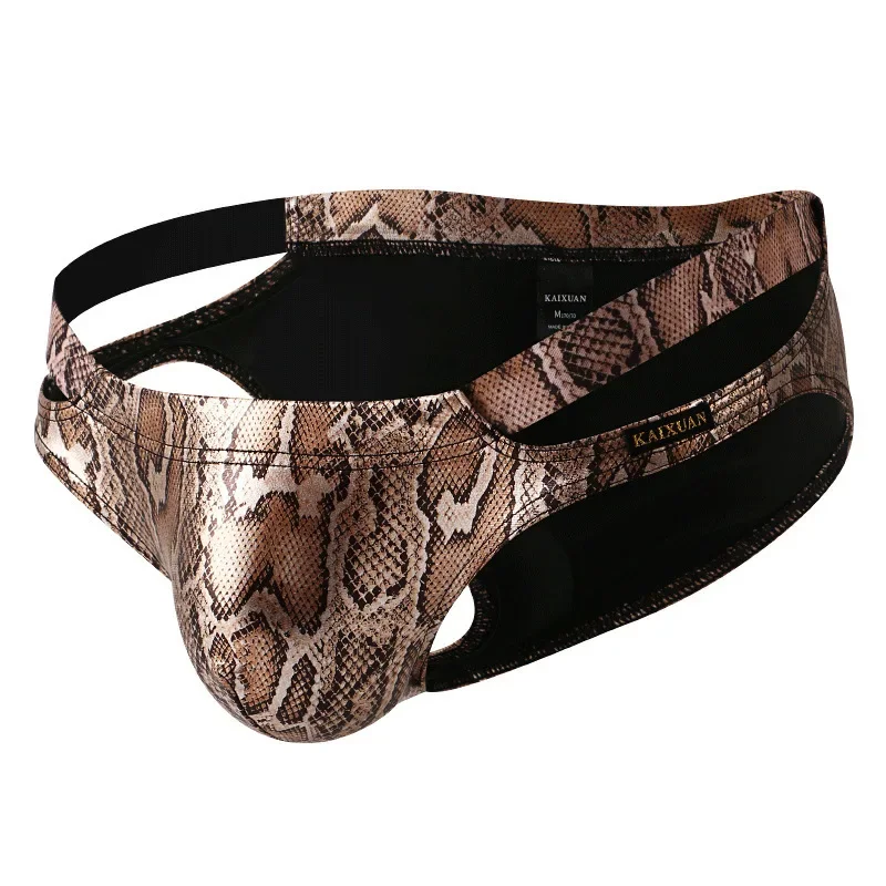 Men's Bulge Briefs Gays Erotic Low Waist Tangas Hollow Out Panties Snake Print Big Pouch U-Convex Knickers Sissy Sexy Underwear