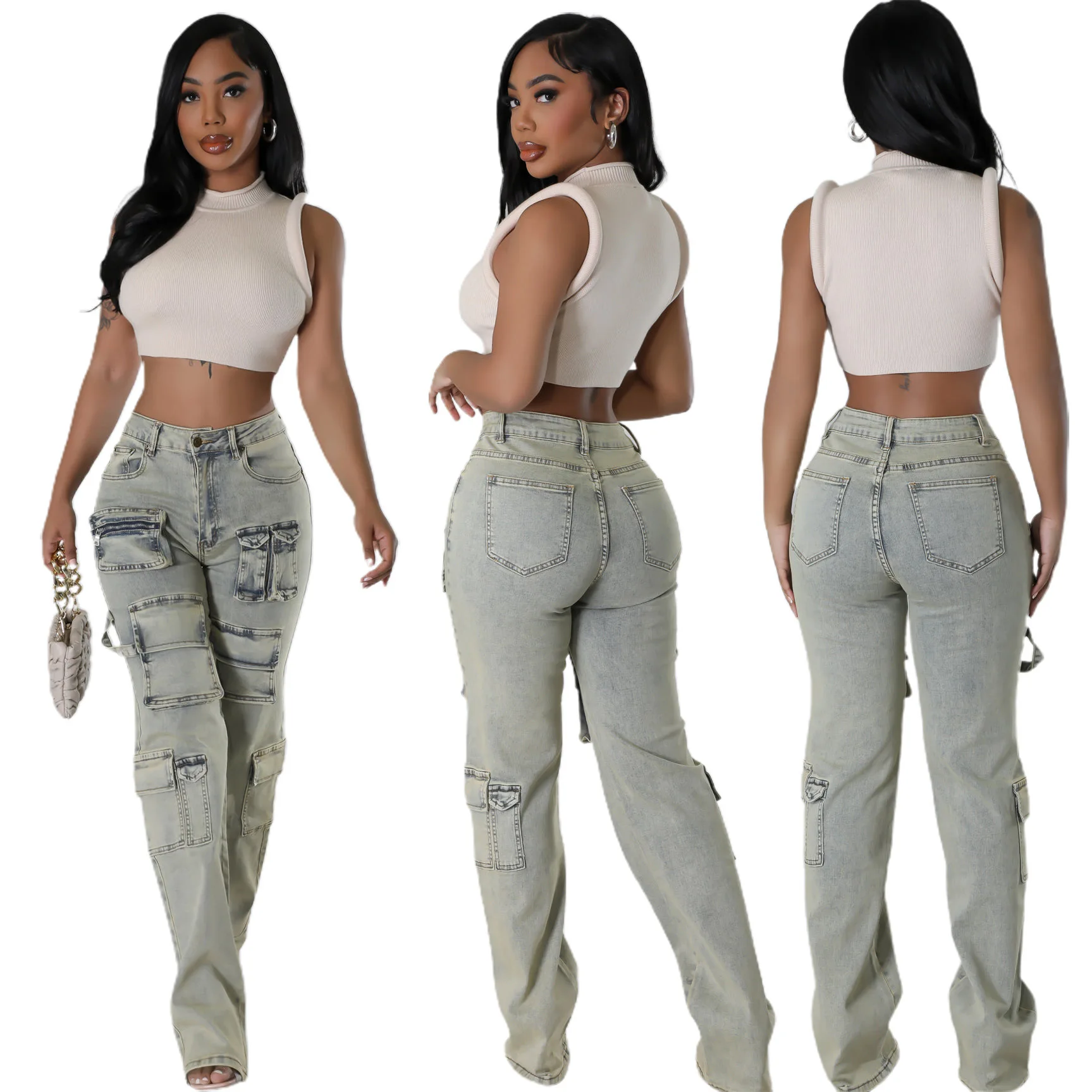 

Women'S Denim Pants Summer Casual Multi Packet Cargo Washed Stretchy Denim Pants Lady Fashion Overalls Straight Jeans Trousers